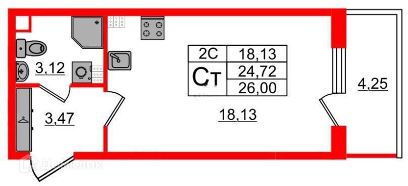 Продаётся студия, 24.72 м²