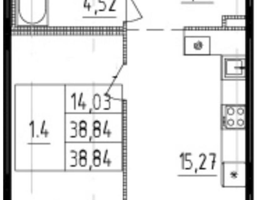 Продаётся 1-комнатная квартира, 38.84 м²