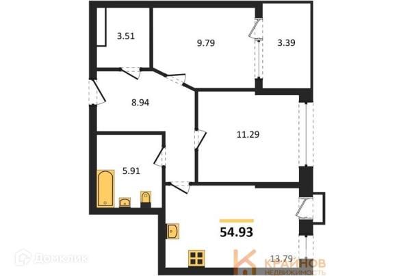 Продаётся 2-комнатная квартира, 54.93 м²