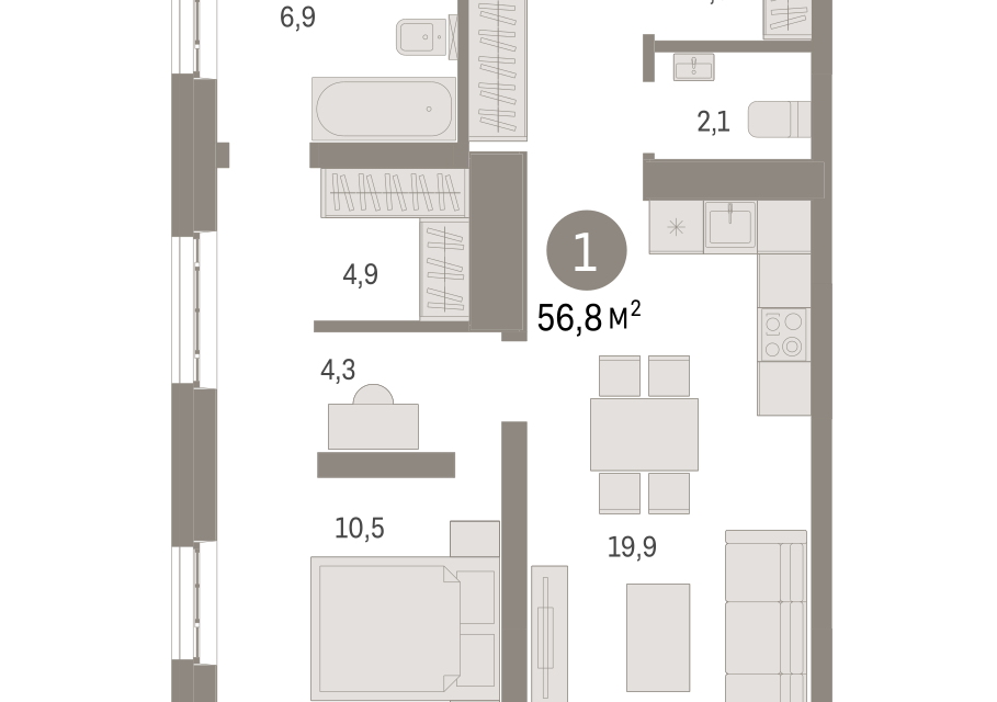 Продаётся 1-комнатная квартира, 56.8 м²