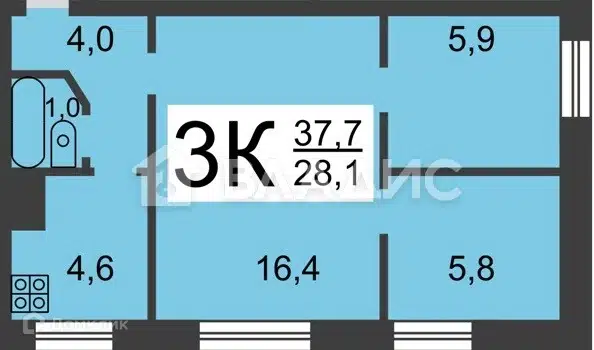 Продаётся 3-комнатная квартира, 37.7 м²