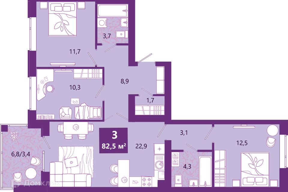 Продаётся 3-комнатная квартира, 83.4 м²