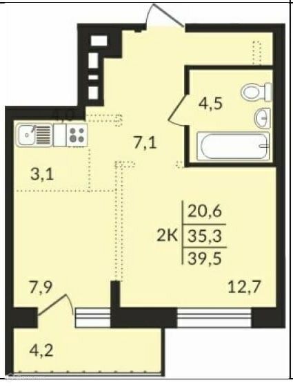 Продаётся 2-комнатная квартира, 39.5 м²