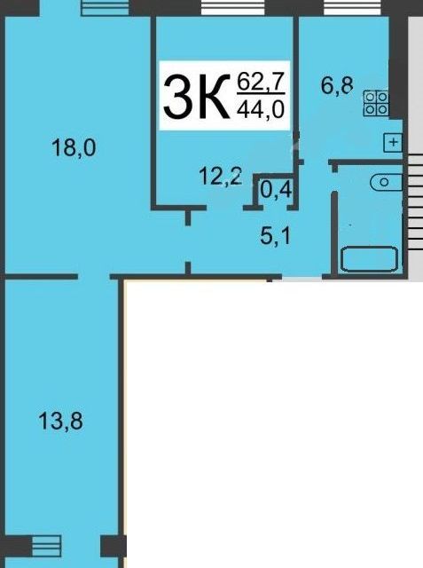 Продаётся 3-комнатная квартира, 62.7 м²