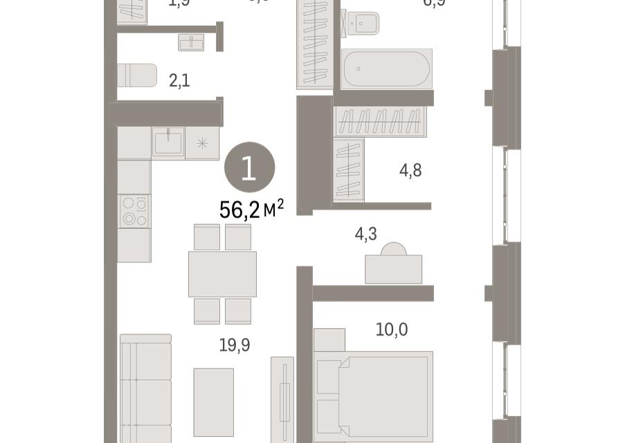 Продаётся 1-комнатная квартира, 56.2 м²