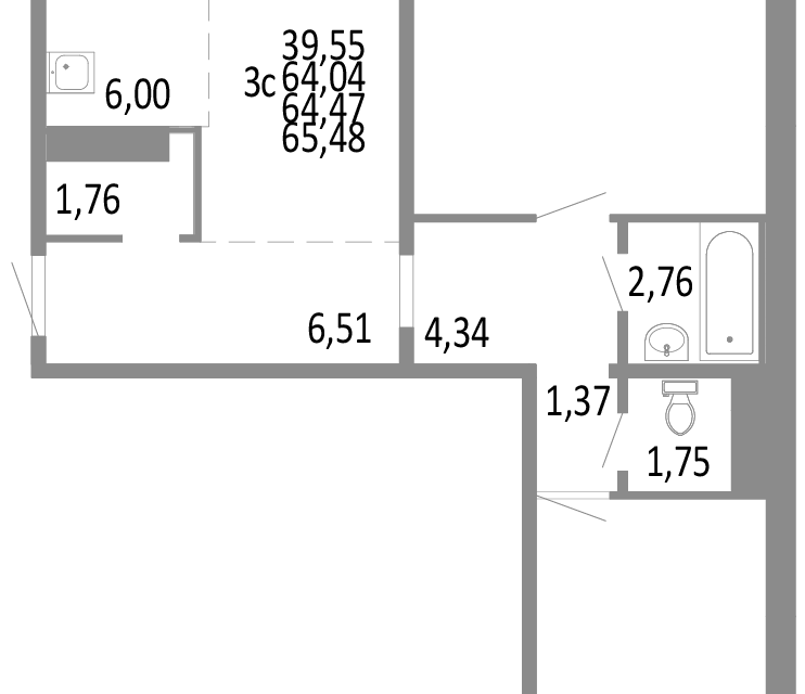 Продаётся 3-комнатная квартира, 64.47 м²