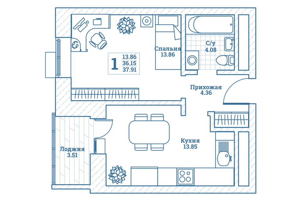 Продаётся 1-комнатная квартира, 38.1 м²