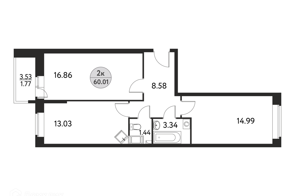 Продаётся 2-комнатная квартира, 60.01 м²