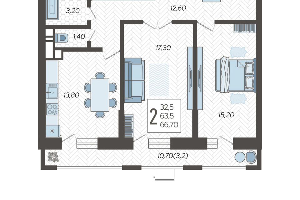 Продаётся 2-комнатная квартира, 66.7 м²