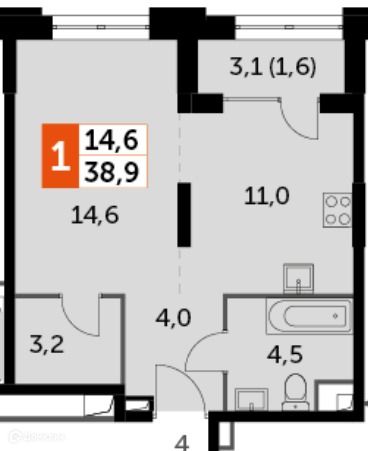 Продаётся 1-комнатная квартира, 38.9 м²