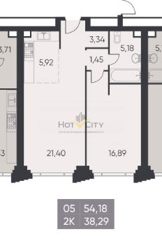 Продаётся 2-комнатная квартира, 54.43 м²