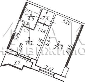 Продаётся 1-комнатная квартира, 42.8 м²