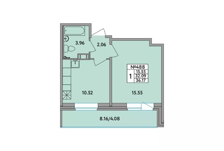 Продаётся 1-комнатная квартира, 36.1 м²