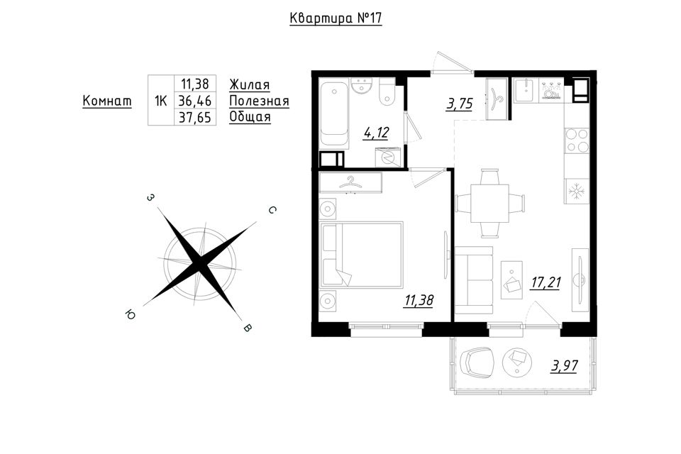 Продаётся 1-комнатная квартира, 37.65 м²