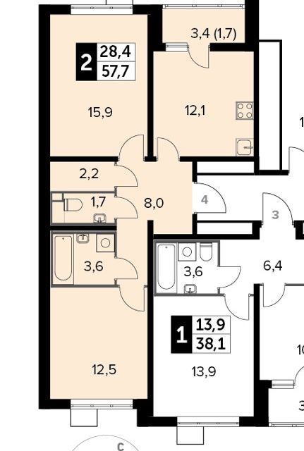 Продаётся 2-комнатная квартира, 59.5 м²