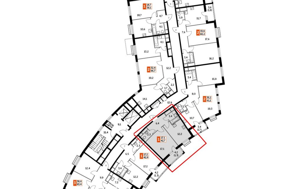 Продаётся 1-комнатная квартира, 42.7 м²