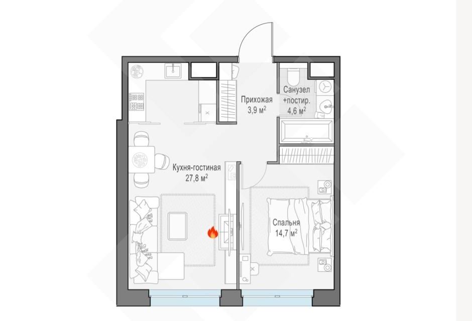 Продаётся 1-комнатная квартира, 53 м²