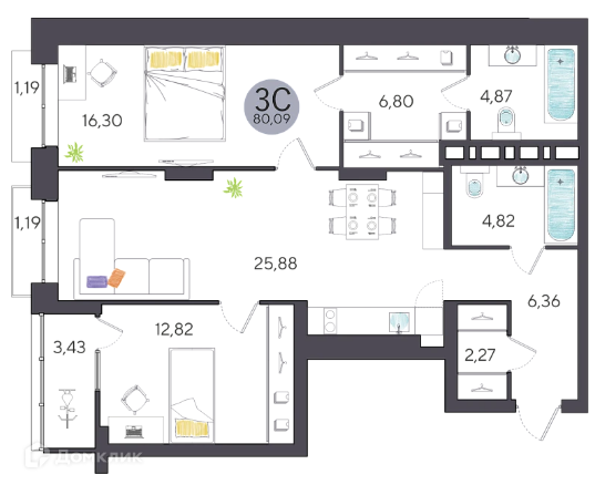 Продаётся 3-комнатная квартира, 80.09 м²