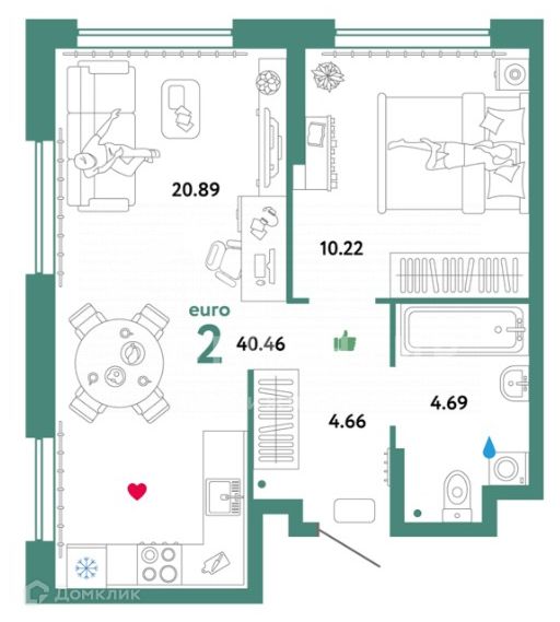 Продаётся 2-комнатная квартира, 40.6 м²