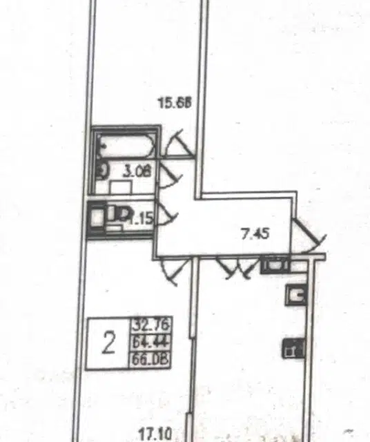 Продаётся 2-комнатная квартира, 64.44 м²