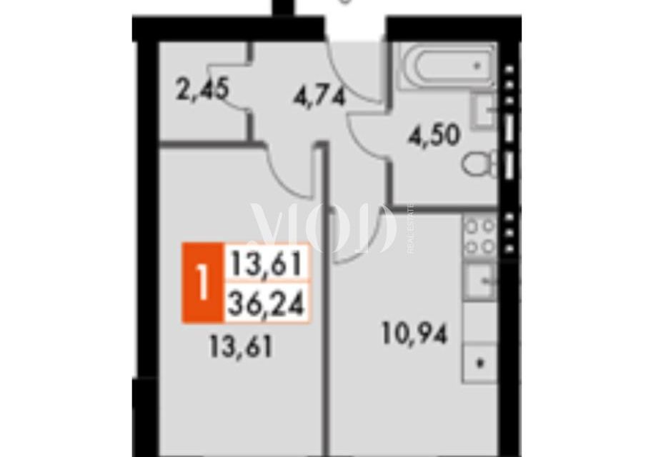 Продаётся 1-комнатная квартира, 36.24 м²