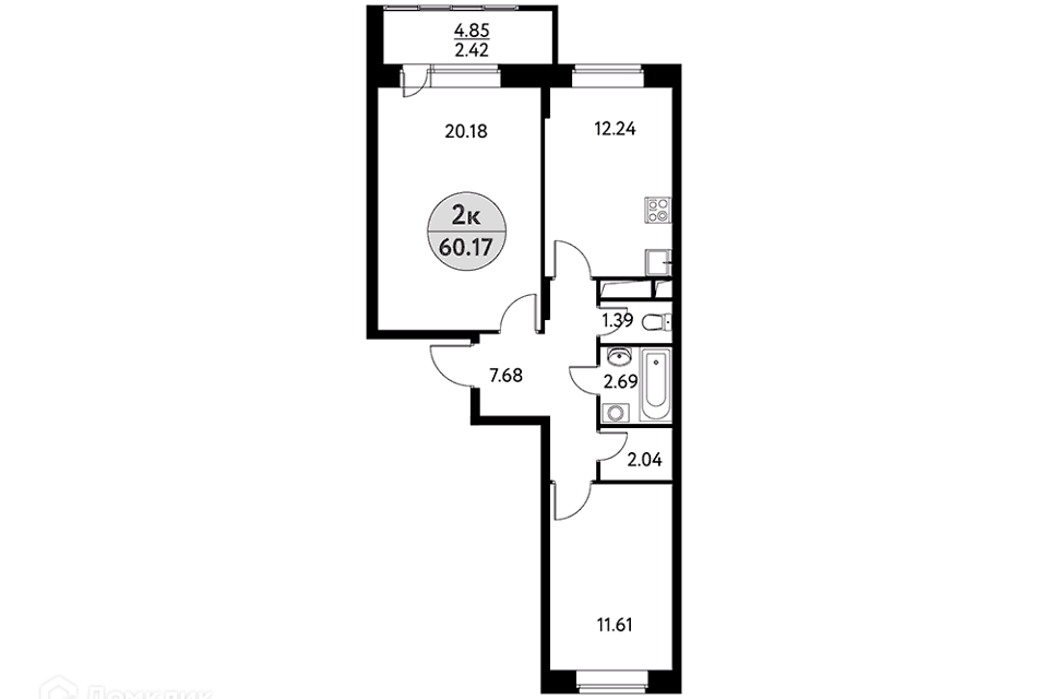 Продаётся 2-комнатная квартира, 60.17 м²