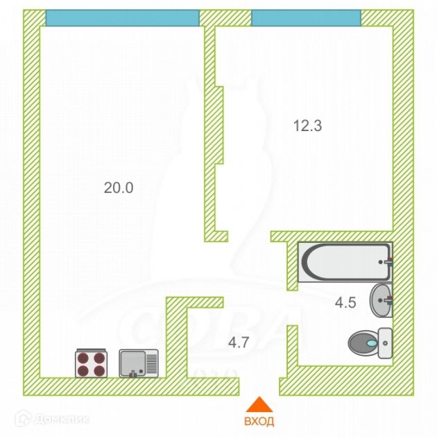 Продаётся 1-комнатная квартира, 41.2 м²