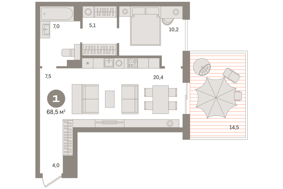 Продаётся 1-комнатная квартира, 66.2 м²