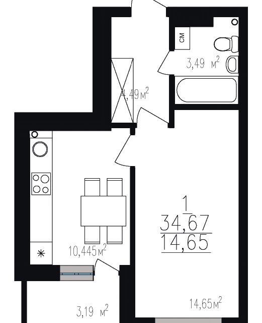 Продаётся 1-комнатная квартира, 34.69 м²