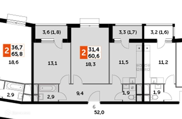 Продаётся 2-комнатная квартира, 60.6 м²