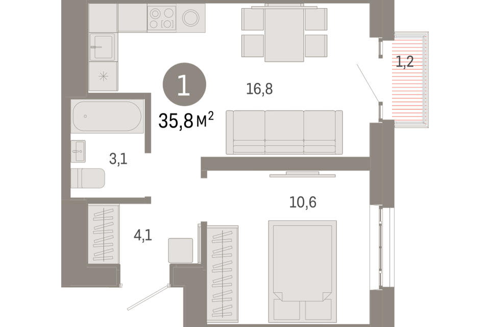 Продаётся 1-комнатная квартира, 35.8 м²