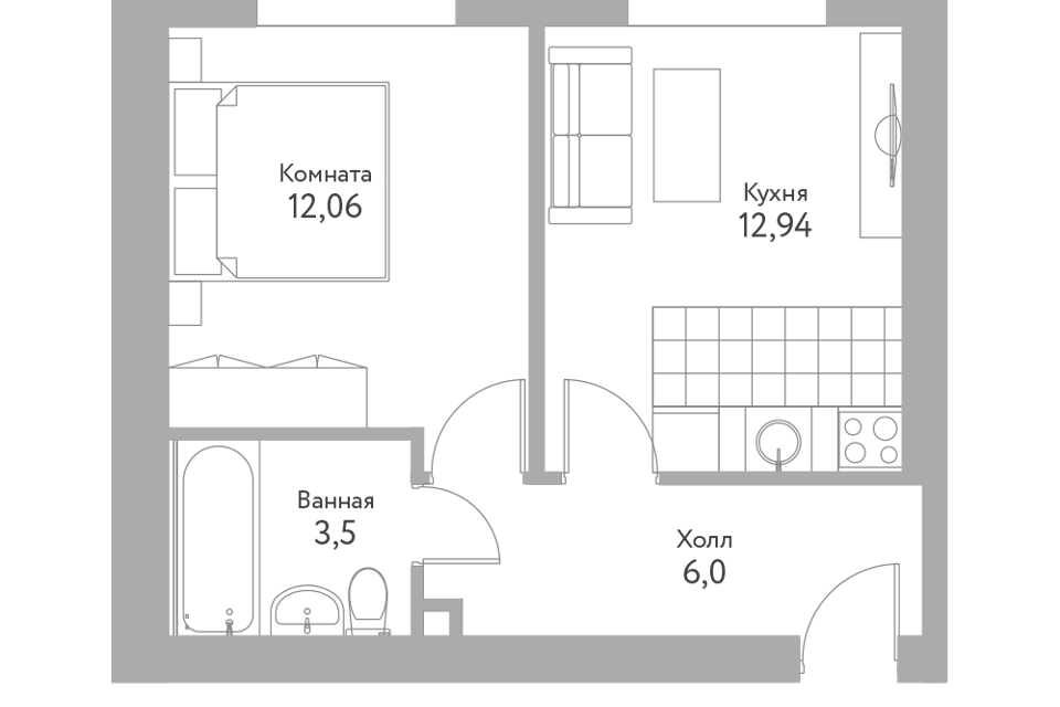 Продаётся 1-комнатная квартира, 34.5 м²