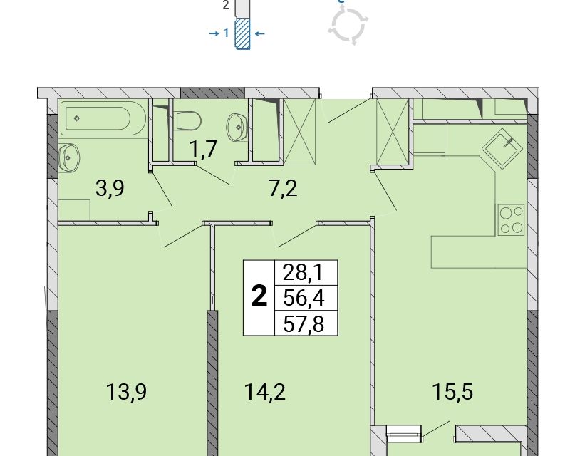 Продаётся 2-комнатная квартира, 58.1 м²