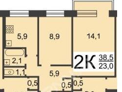 Продаётся 2-комнатная квартира, 39.2 м²