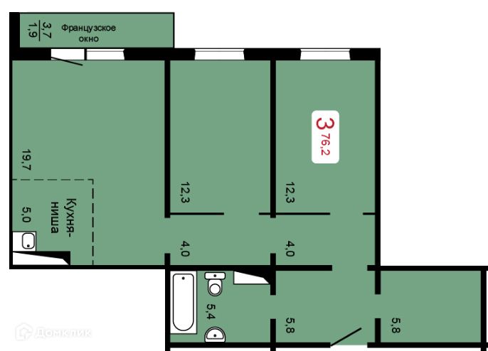 Продаётся 3-комнатная квартира, 77 м²