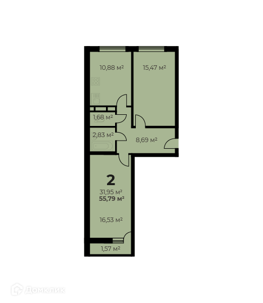 Продаётся 2-комнатная квартира, 53.9 м²
