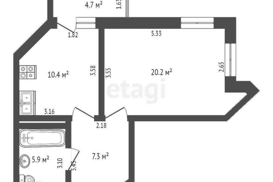 Продаётся 1-комнатная квартира, 43.8 м²