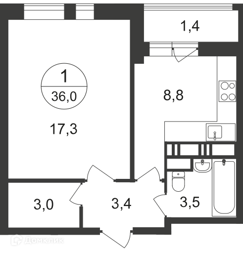 Продаётся 1-комнатная квартира, 36 м²