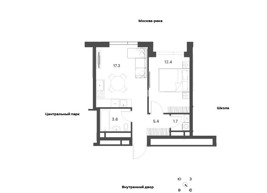 Продаётся 1-комнатная квартира, 40.6 м²