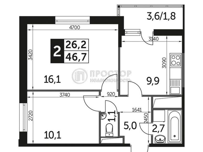Продаётся 2-комнатная квартира, 46 м²
