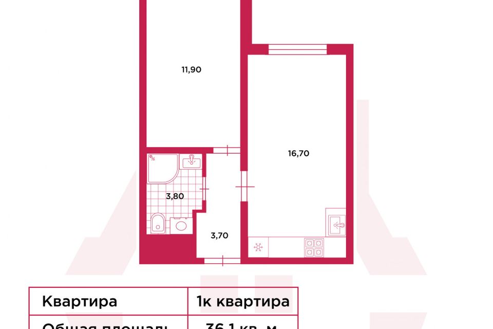 Продаётся 1-комнатная квартира, 36.1 м²