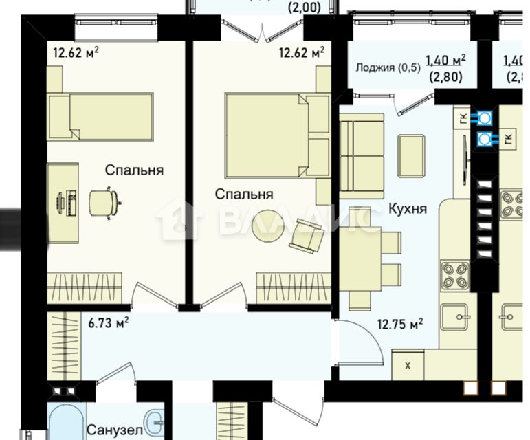 Продаётся 2-комнатная квартира, 55.46 м²