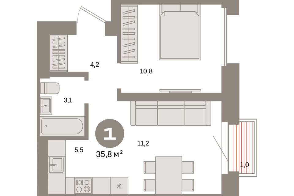 Продаётся 1-комнатная квартира, 35.8 м²