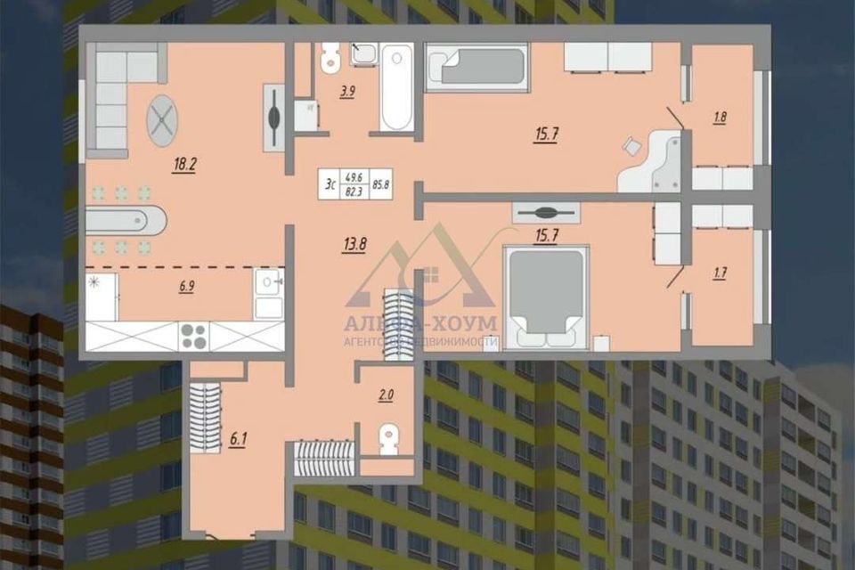 Продаётся 3-комнатная квартира, 85.8 м²
