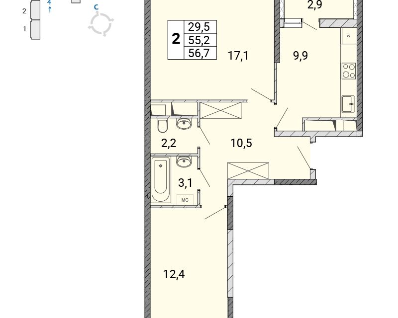 Продаётся 2-комнатная квартира, 57.1 м²