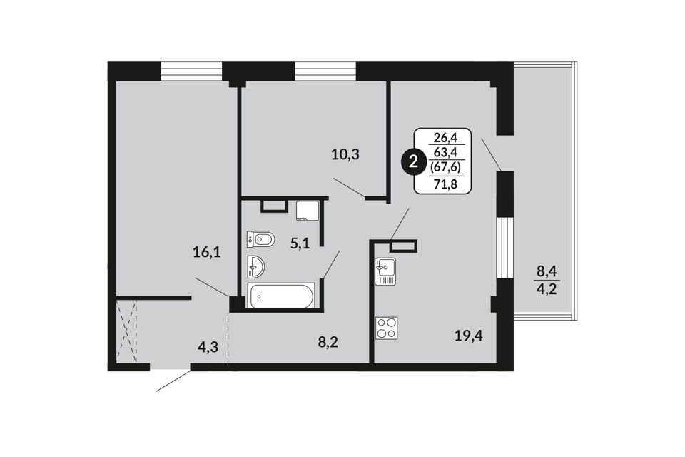Продаётся 2-комнатная квартира, 67.6 м²