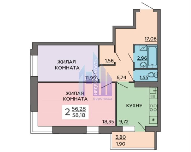 Продаётся 2-комнатная квартира, 58 м²