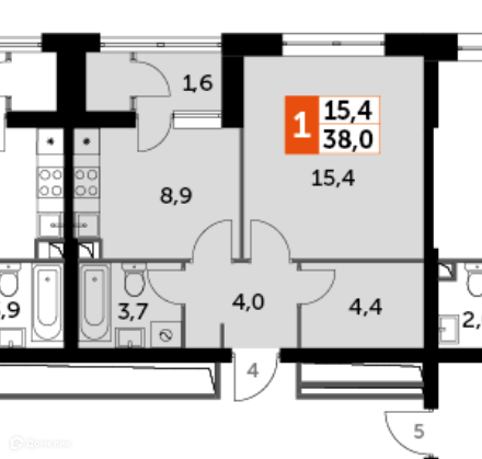 Продаётся 1-комнатная квартира, 37.9 м²