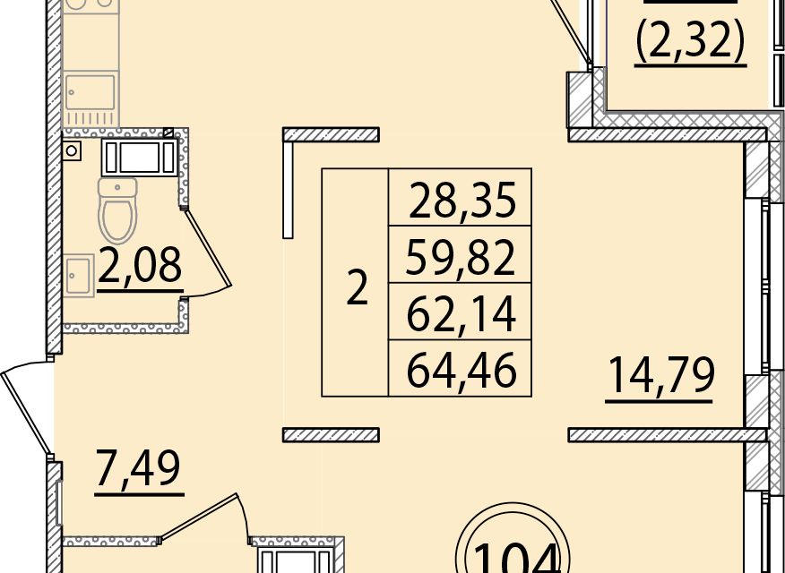 Продаётся 2-комнатная квартира, 59.82 м²