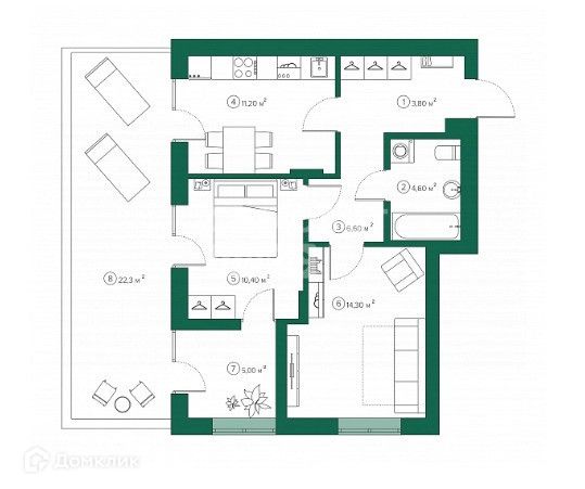 Продаётся 2-комнатная квартира, 60.1 м²